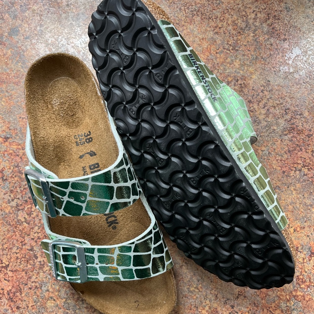 Birkenstock Green Metallic Croc-Print Arizona Sandals - Picture 8 of 9